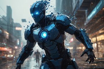 Pixeled digital man running in virtual world