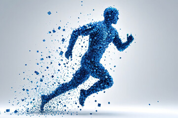Pixeled digital man running in virtual world