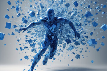 Pixeled digital man running in virtual world