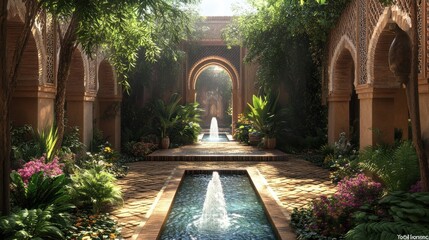Fototapeta premium Peaceful garden with water features and lush greenery, symbolizing tranquility and contemplation often found in Islamic architecture.