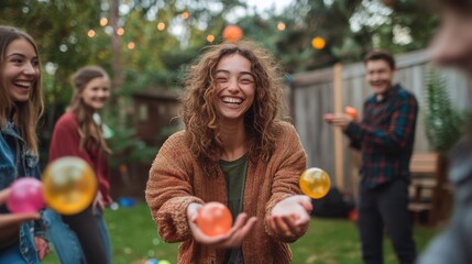 Playful games being enjoyed by guests at a festive gender party in a backyard