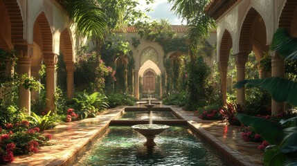 Peaceful garden with water features and lush greenery, symbolizing tranquility and contemplation often found in Islamic architecture.