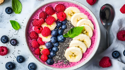 A smoothie bowl topped with rows of fresh raspberries, blueberries, banana slices, and a sprig of mint