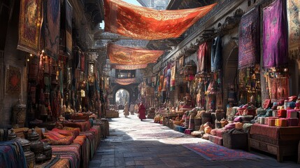 Obraz premium Scene of a market filled with colorful textiles, spices, and crafts, highlighting the richness of cultural traditions in an Islamic context.