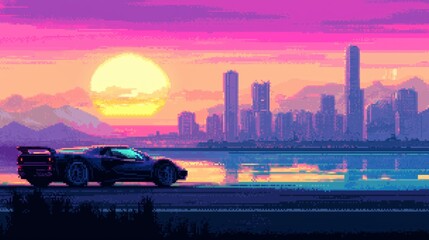 Fototapeta premium Pixel art of a car on a road in front of a city at sunset