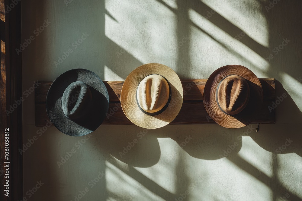 Poster three stylish fedora hats hang on a wooden rack, bathed in sunlight, creating beautiful shadows on t
