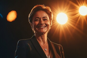 A senior Caucasian businesswoman in a formal attire, joyfully accepting an award on stage, her proud smile beaming under warm stage lights, medium close-up showcasing her success 2