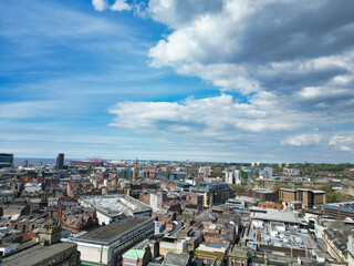 High Angle View of Historical and Modern British City Centre of Liverpool, Maritime city in northwest England, United Kingdom. Aerial Footage Was Captured with Drone's Camera on May 5th, 2024
