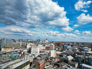 High Angle View of Historical and Modern British City Centre of Liverpool, Maritime city in northwest England, United Kingdom. Aerial Footage Was Captured with Drone's Camera on May 5th, 2024