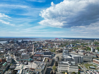 High Angle View of Historical and Modern British City Centre of Liverpool, Maritime city in northwest England, United Kingdom. Aerial Footage Was Captured with Drone's Camera on May 5th, 2024