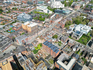 Naklejka premium High Angle View of Historical and Modern British City Centre of Liverpool, Maritime city in northwest England, United Kingdom. Aerial Footage Was Captured with Drone's Camera on May 5th, 2024