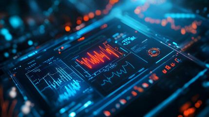 A glowing red and blue digital health metrics dashboard displaying vital signs and analytics, showcasing the next generation of healthcare technology.