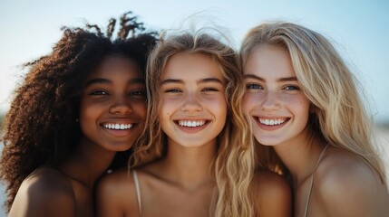 Three diverse young women smiling together, showing happiness and friendship.