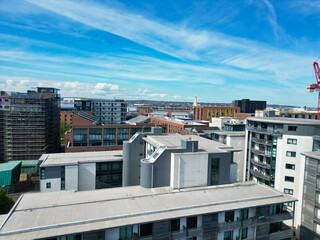 High Angle View of Historical and Modern British City Centre of Liverpool, Maritime city in northwest England, United Kingdom. Aerial Footage Was Captured with Drone's Camera on May 5th, 2024
