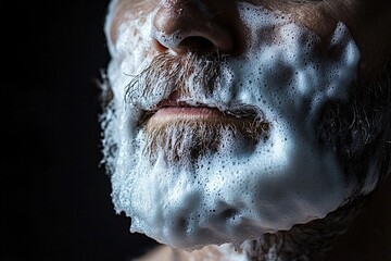 Obraz premium Man carefully applies shaving cream to his beard and mustache in a dark setting, preparing for a clean shave