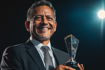 A middle-aged Hispanic businessman in a formal suit, beaming with pride while receiving an award on stage, under a bright spotlight, close-up focusing on his face and trophy 5