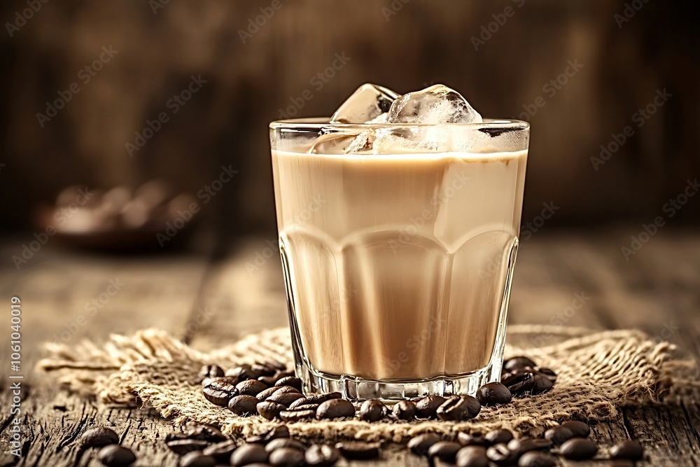 Poster glass of refreshing iced coffee with ice cubes sits on a rustic wooden table with scattered coffee b