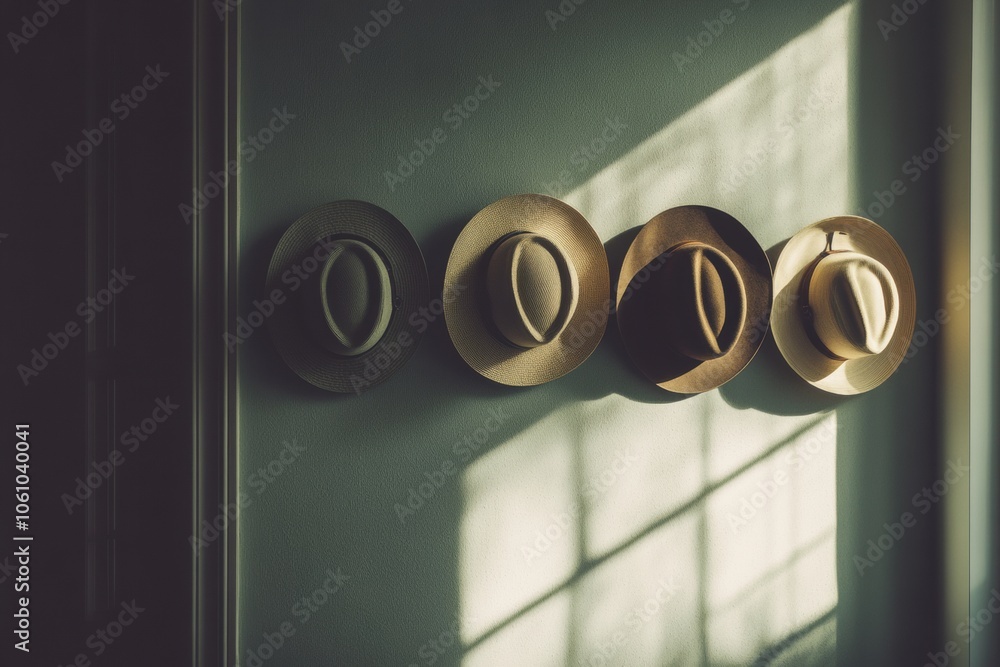 Poster several classic fedora hats hang along the wall, beautifully illuminated by warm afternoon sunlight,
