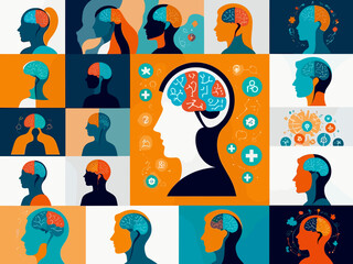 Mental health and psychology concept set. Different mental health problems, psychological disorders, treatment techniques and approaches.