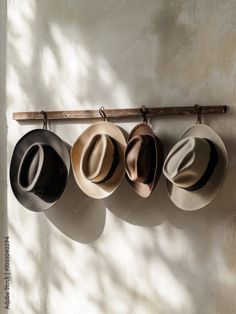 Poster A selection of fedora hats in various colors hangs on a wooden rack, illuminated by gentle sunlight streaming through a nearby window. Generative AI