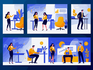 Naklejka premium Business Concept illustrations. Scenes with men and women taking part in business activities. Vector illustration