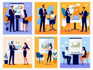 Business Concept illustrations. Scenes with men and women taking part in business activities. Vector illustration