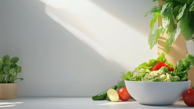  Ensalada fresca de vegetales en un bol blanco en una cocina iluminada con luz natural, ideal para una comida saludable.
