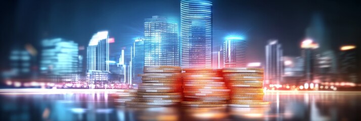 Monedas apiladas en primer plano con un fondo borroso de edificios iluminados, ideal para temas de finanzas y crecimiento.
