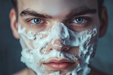 Fototapeta premium Young man with shaving cream on his face, focusing on skincare routine. Blue eyes stand out as he prepares for a clean shave, emphasizing grooming and personal care