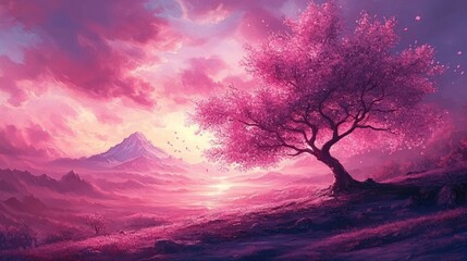 Obraz premium A single cherry blossom tree stands on a hill overlooking a pink sunrise and a snow-capped mountain.