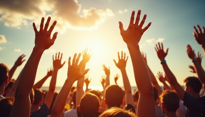 Crowd of people raising hands at sunset in outdoor celebration event