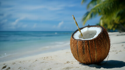A halved coconut with a straw resting on the soft sand, overlooking a calm turquoise ocean under a bright blue sky, symbolizing a perfect tropical getaway.

