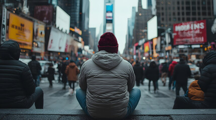 Obraz premium A person sitting alone in a crowded New York City street, surrounded by the hustle and bustle, capturing a moment of solitude amidst the urban chaos