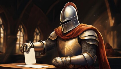 A medieval knight in armor casting a vote inside a historic castle during the morning light. Generative AI
