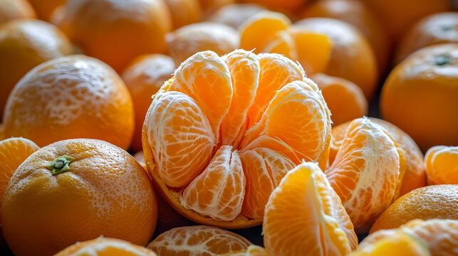 A peeled orange displayed beautifully, highlighting its natural juicy texture and bright orange segments.
