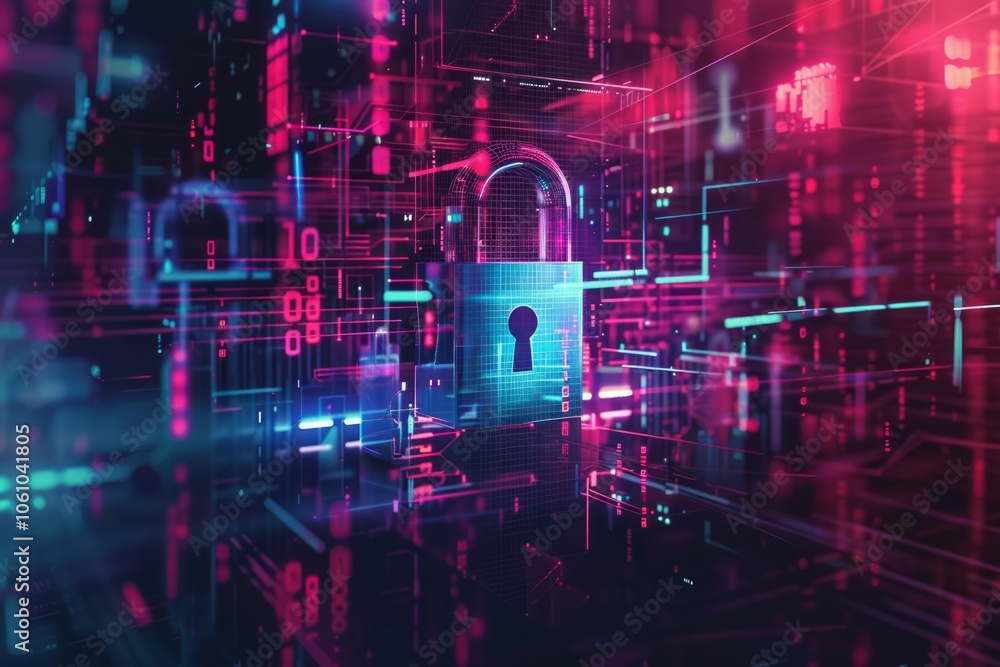 Poster cyber security lock glowing in dark red and blue cyberspace chip surface. neural network ai generate