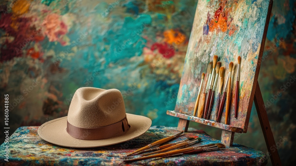Poster a soft artist's hat sits next to an array of brushes and colorful paint tubes on a beautifully textu