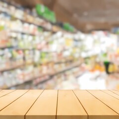 supermarket aisle and shelves blurred background with wooden table
