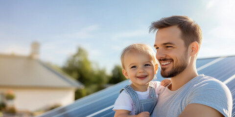 Joyful father holds his daughter, both smile together near solar panels under bright sky, capturing happiness of family connection and eco-friendly lifestyle in modern sunny setting. Eco family