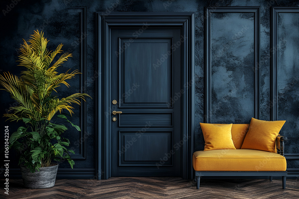 Wall mural a stylish interior scene featuring a dark blue wall, a yellow sofa, and a green plant, creating a mo