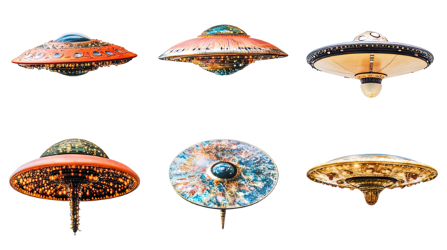 Collection of Detailed Close-Ups of UFOs and Alien Spaceships Generative AI