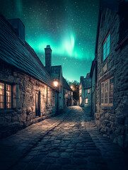 Obraz premium A cobblestone street in a quaint town is illuminated by streetlights and the vibrant green glow of the aurora borealis