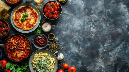 Italian cuisine setup on stone table with space for text, overhead view