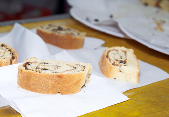 Fresh homemade pastries on display with sweet cinnamon filling