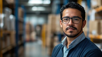 Obraz premium Confident Young Man in a Warehouse Setting with Boxes in Background