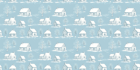 Village house seamless pattern. Vector hand-drawn illustration. Cute sketch drawing in white on a light blue winter background