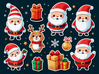 Set of Cute Merry Christmas and Happy New Year Illustrations or stickers. Festive christmas characters and objects