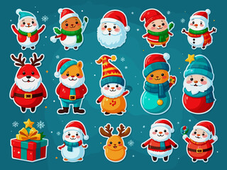 Set of Cute Merry Christmas and Happy New Year Illustrations or stickers. Festive christmas characters and objects