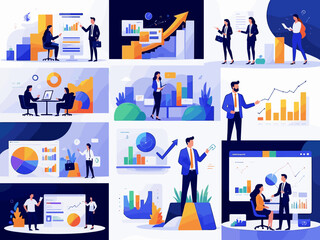 Business project management tools and phases - set of business concept illustrations. Visual stories collection.