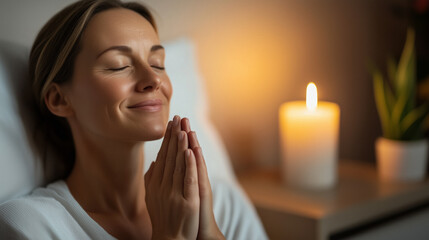 Woman sits peacefully in bed, eyes closed, smiling with lit candle casting warm glow, creating calming and intimate atmosphere for evening meditation and mindfulness. Peaceful meditation